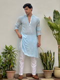 Skyline Mist Mens Chikankari Hand-embroidered Kurta