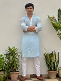 Skyline Mist Mens Chikankari Hand-embroidered Kurta