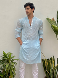 Skyline Mist Mens Chikankari Hand-embroidered Kurta