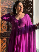Purple Rose Chikankari Anarkali Kurta Set (Set of 3)