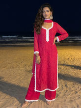 Aniyah Rose Red Chikankari Kurta Set (Set of 3)