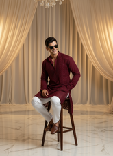 Deep Burgundy Mens Chikankari Hand-embroidered Kurta