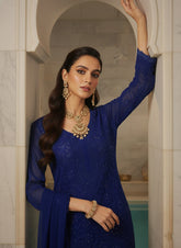 Turkish Blue Short Chikankari Kurta-Sharara Set