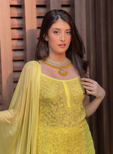 Yellow Rose Chikankari & Mukaish Lace Gharara Short Kurta Set (Set of 3)