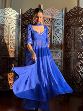 Celestial Sapphire Chikankari & Mirror work Anarkali Kurta Set (Set of 3)