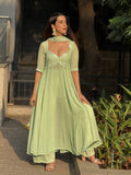 Jade Blossom Chikankari & mirror work Anarkali Kurta Set (set of 3)