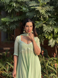 Jade Blossom Chikankari & mirror work Anarkali Kurta Set (set of 3)