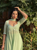 Jade Blossom Chikankari & mirror work Anarkali Kurta Set (set of 3)