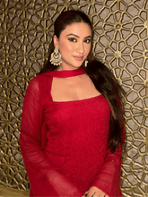 Turkey Red Chikankari Gharara Short Kurta Set (Set of 3)