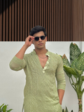 Pistachio Dusk Mens Chikankari Hand-embroidered Kurta