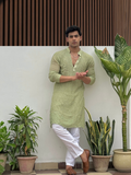 Pistachio Dusk Mens Chikankari Hand-embroidered Kurta
