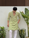 Pistachio Dusk Mens Chikankari Hand-embroidered Kurta