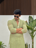 Pistachio Dusk Mens Chikankari Hand-embroidered Kurta
