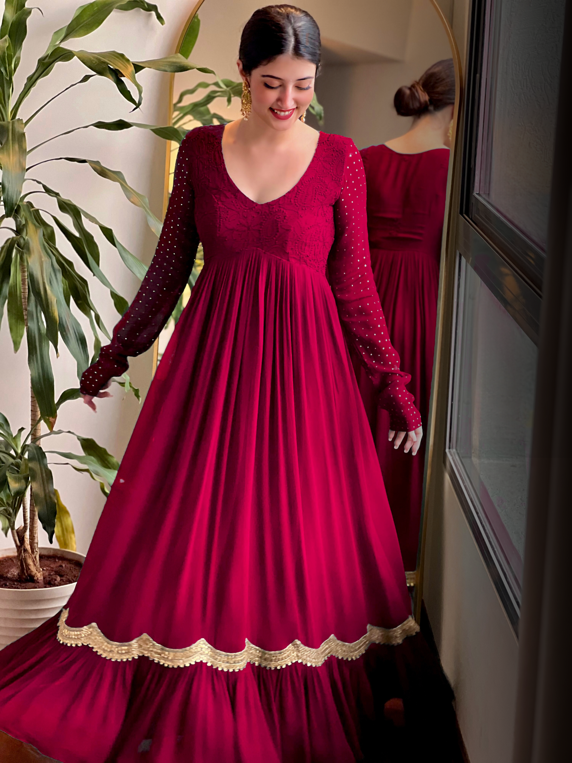 Anarkali Long Frock Gala Design Milano Red Chikankari Anarkali