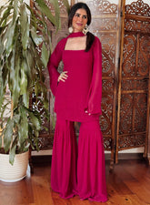 Burnt Maroon Chikankari Gharara Short Kurta Set (set of 3)