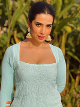 Sky Blue Chikankari Gharara Short Kurta Set (Set of 3)