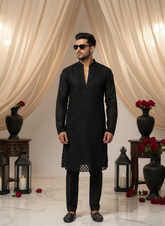 Obsidian Mens Chikankari Hand-embroidered Kurta