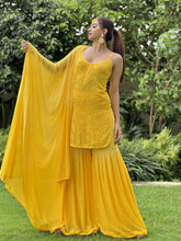 Molten Gold Chikankari & Mukaish-Gharara Short Kurta Set