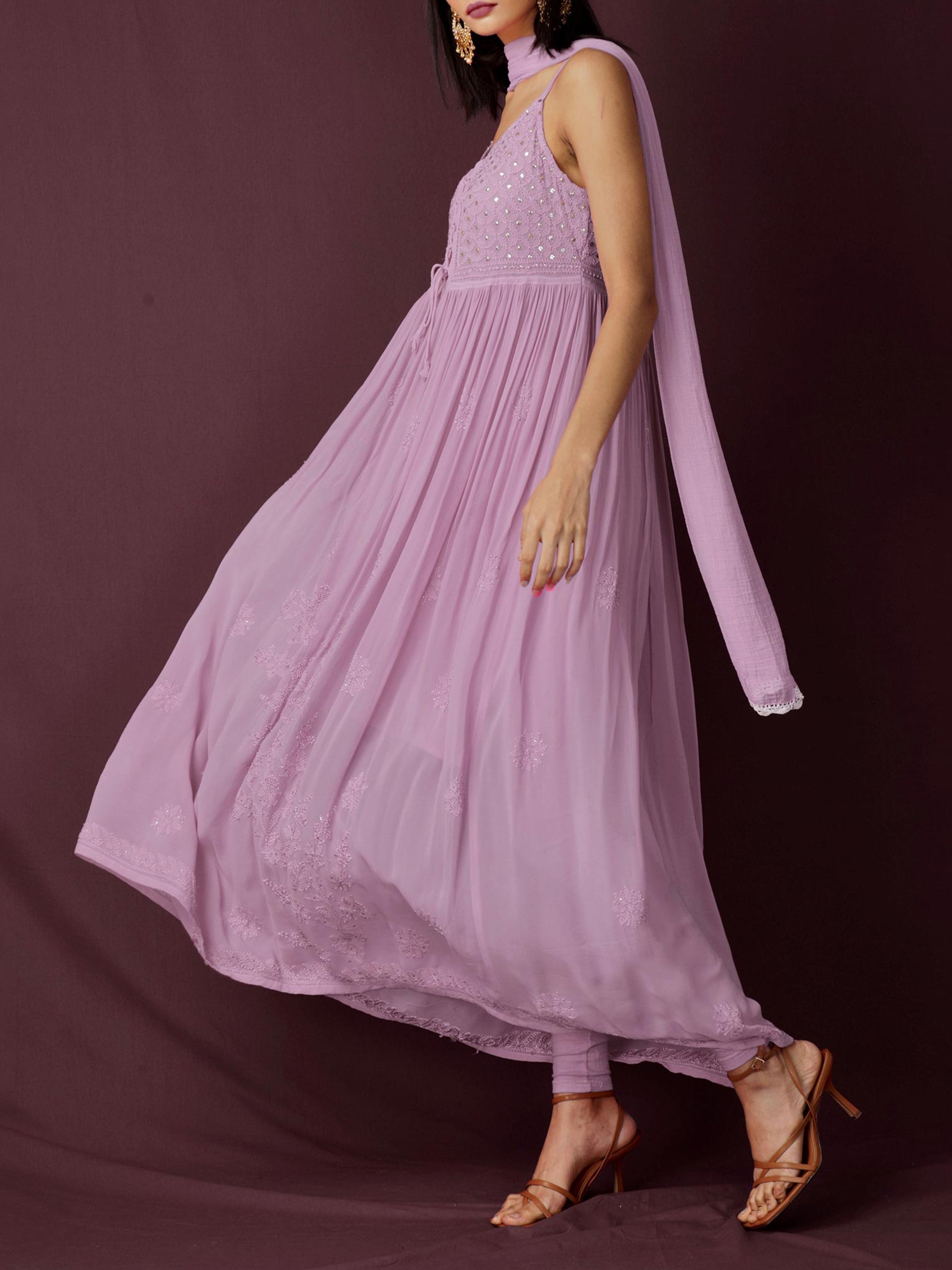 Rose Mauve Strappy Chikankari Anarkali Set