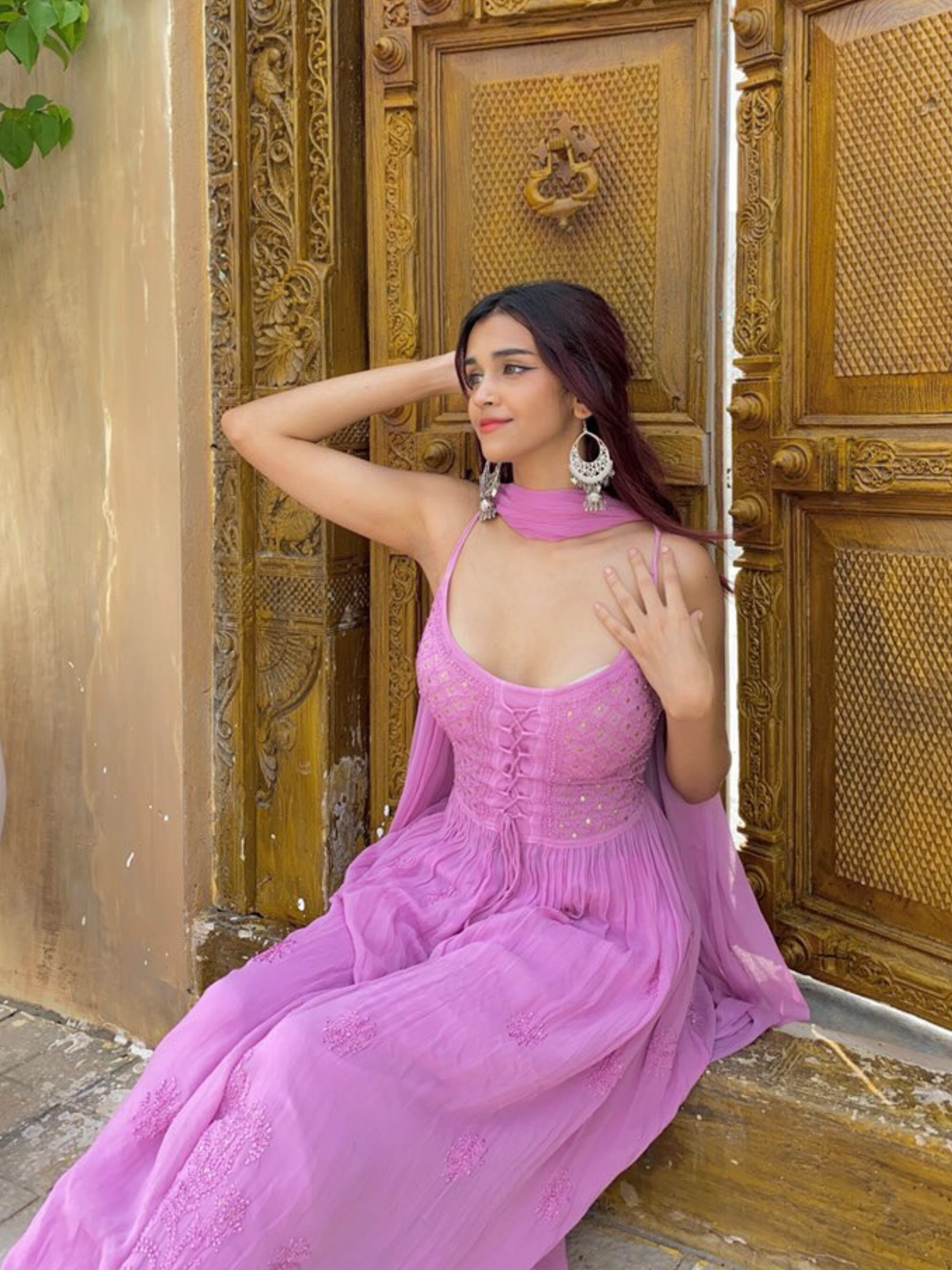 Rose Mauve Strappy Chikankari Anarkali Set