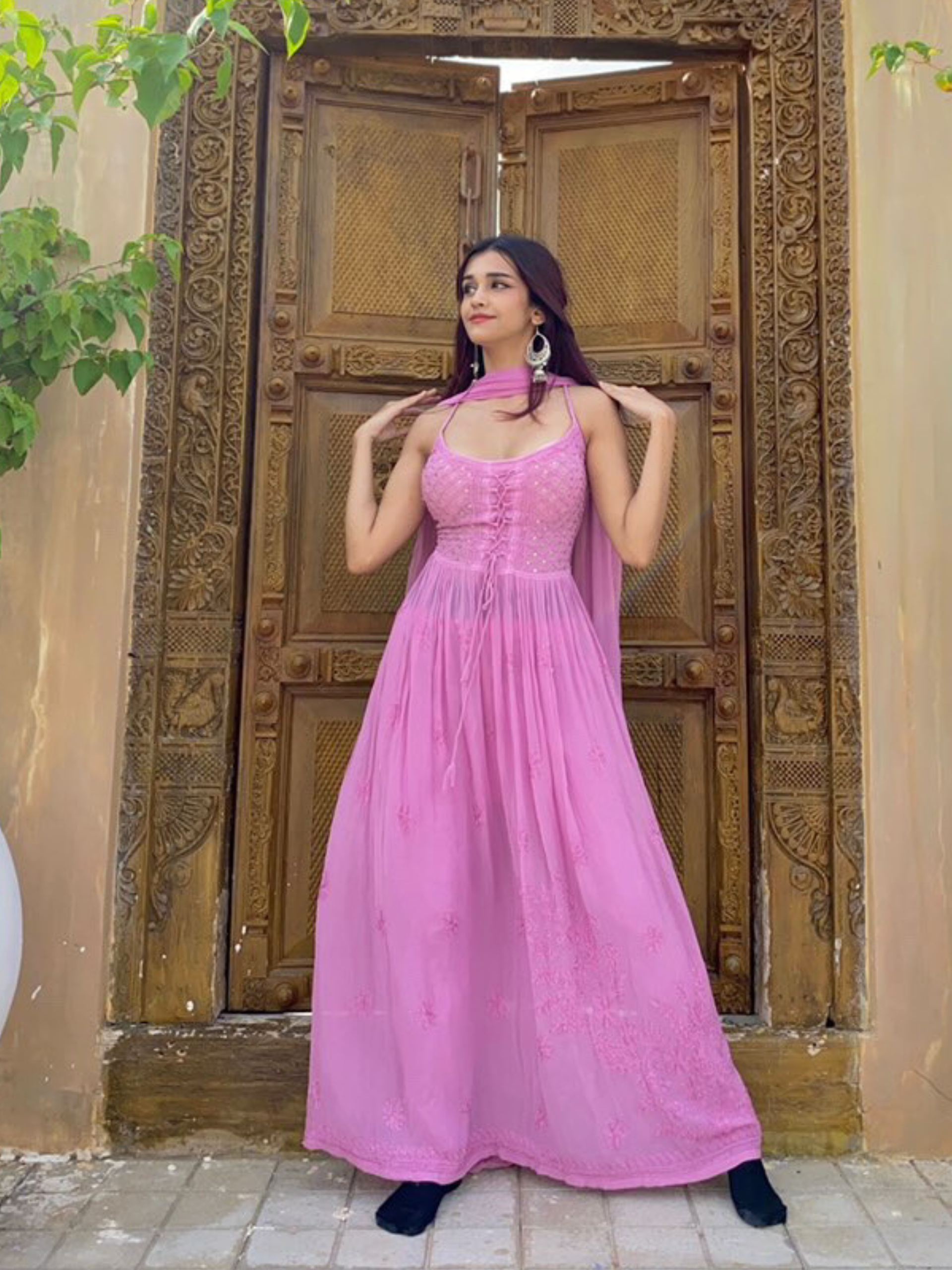 Rose Mauve Strappy Chikankari Anarkali Set