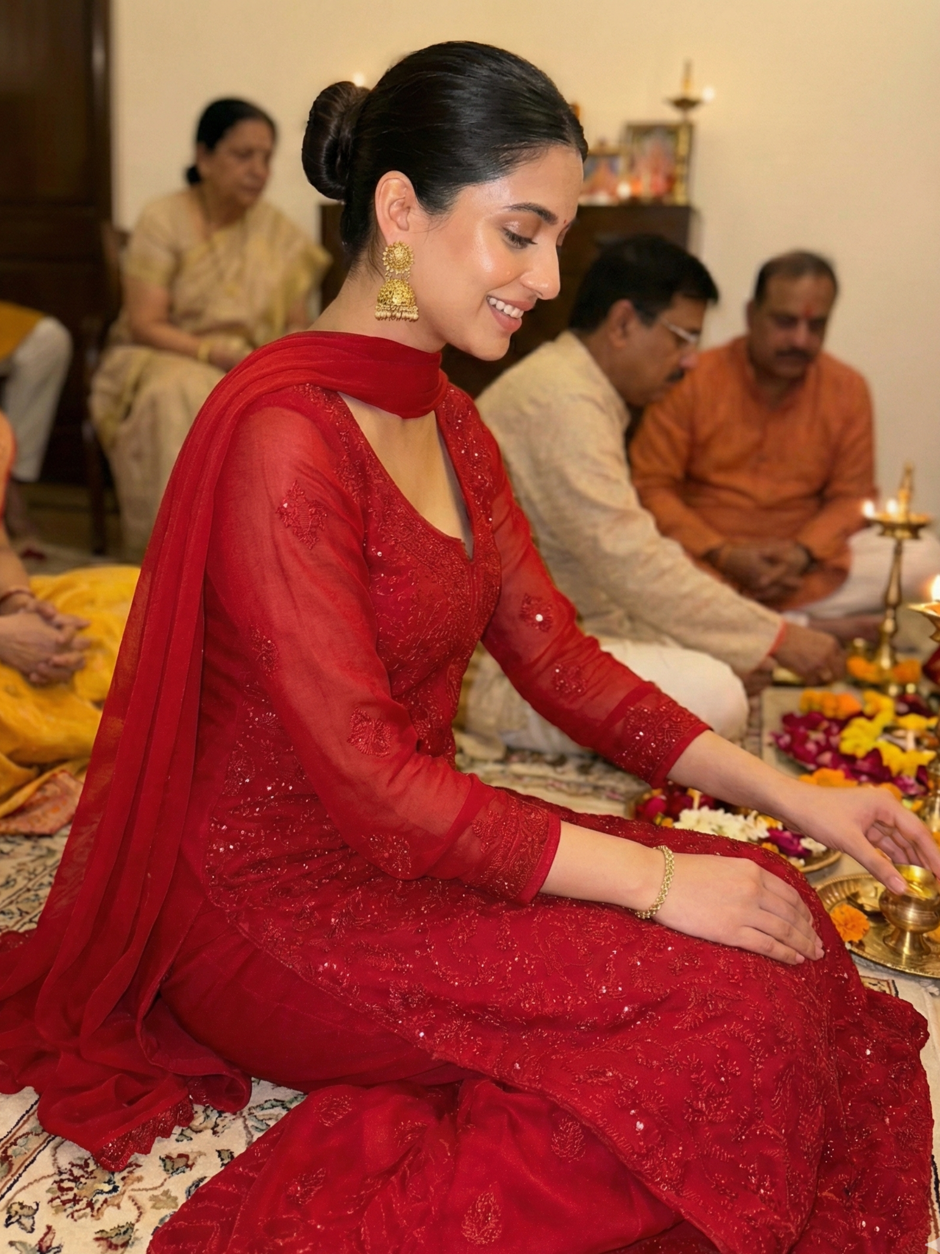 Forbidden Red Full Sleeves Chikankari Kurta Set (Set of 3)