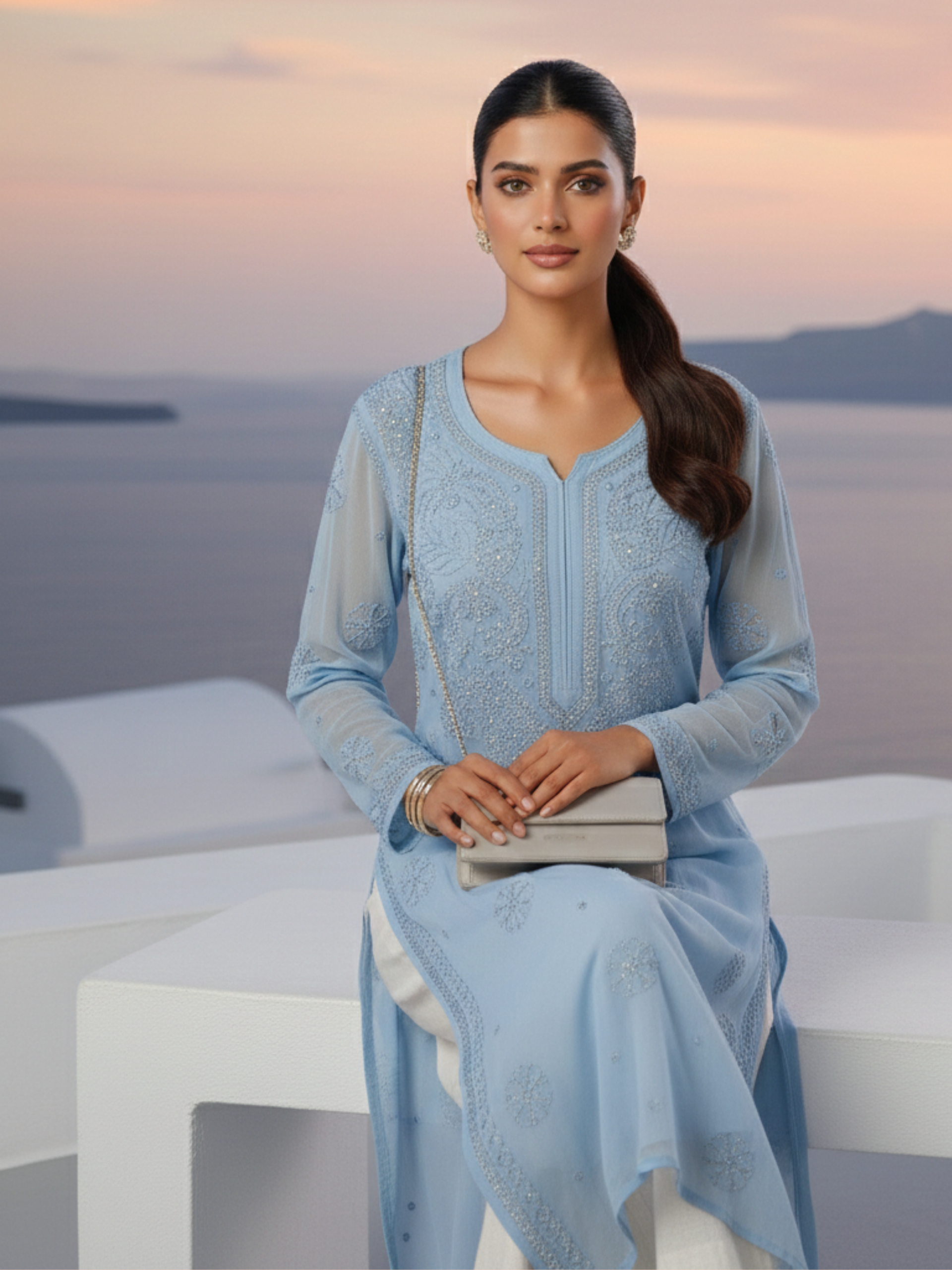 Muted Blue Gala-Booti Chikankari & Mukaish Kurta