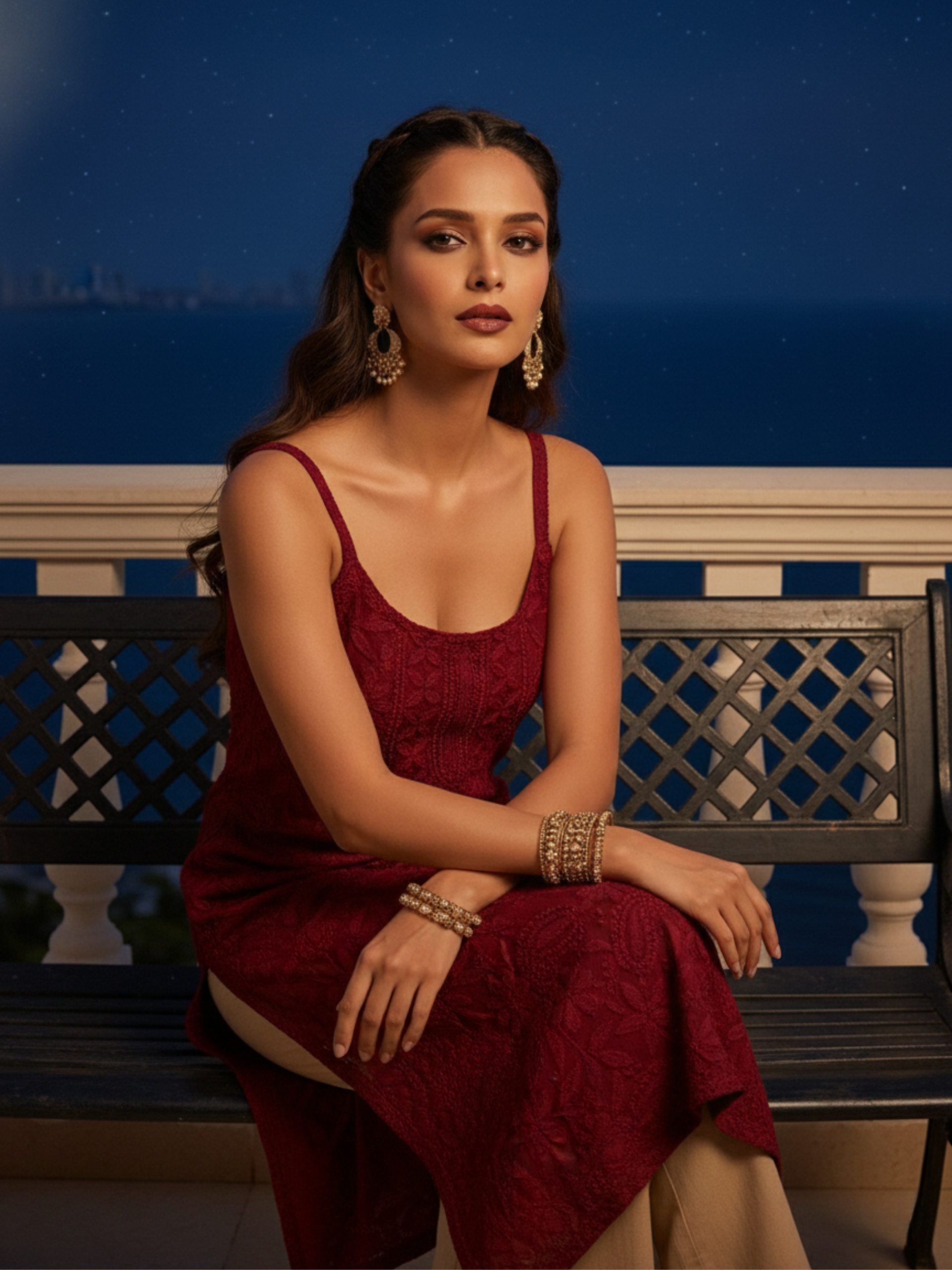 Maroon Muse Chikankari & Lace Sleeveless Kurta