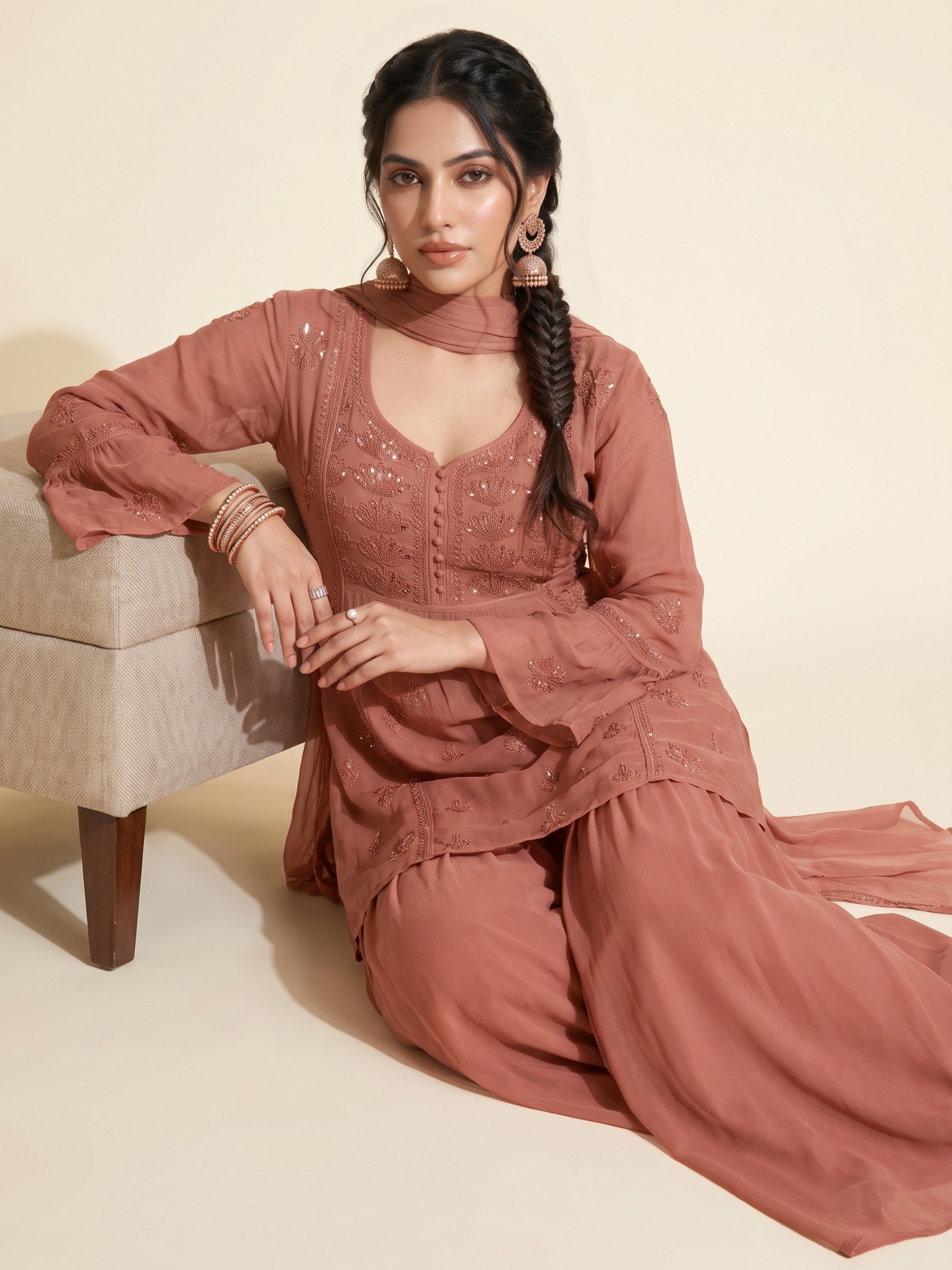 Carmine Chikankari Kurta - Gharara Set (Set of 3)