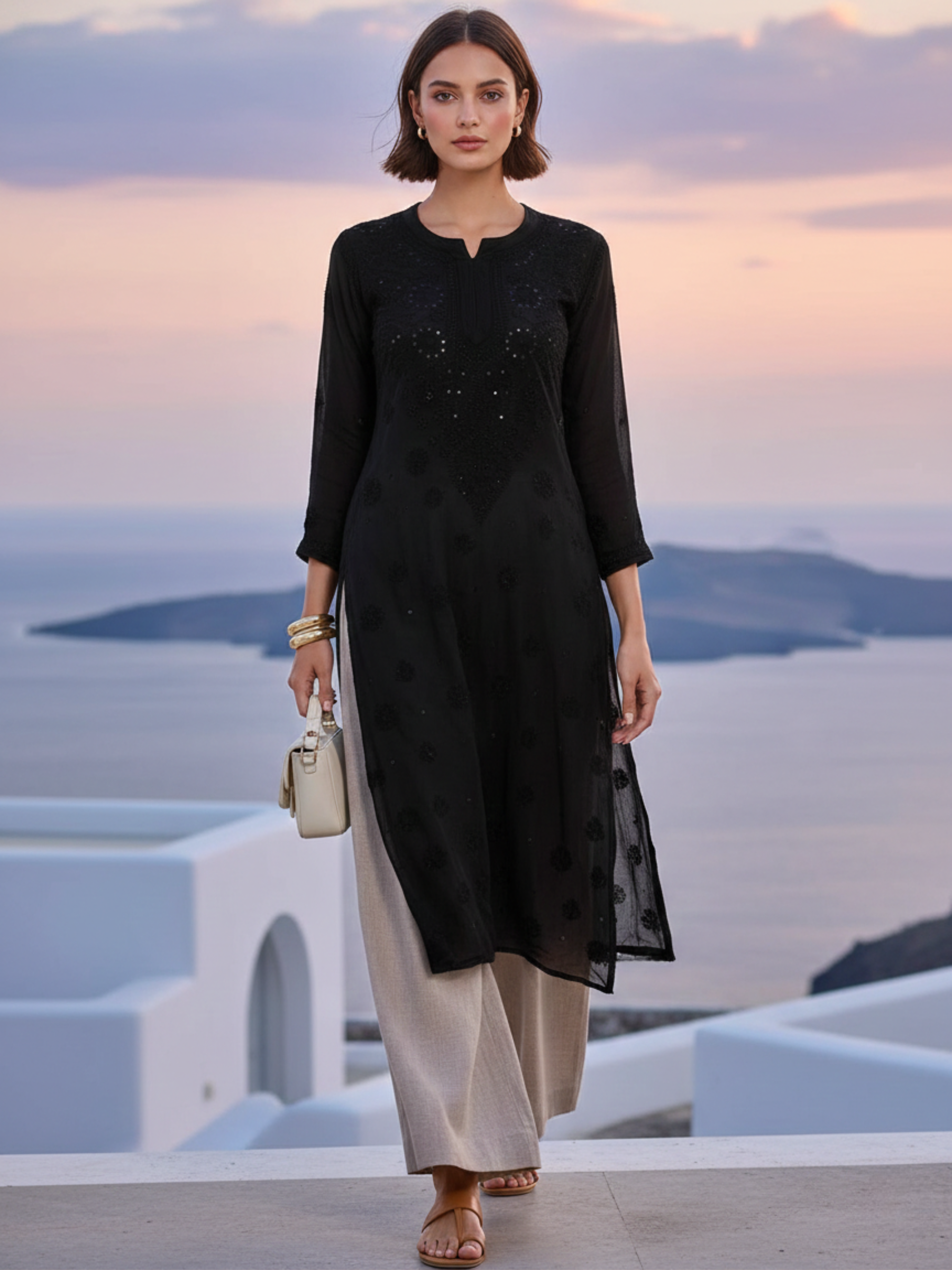 Elara Chikankari & Mukaish Work Solid Long Kurta