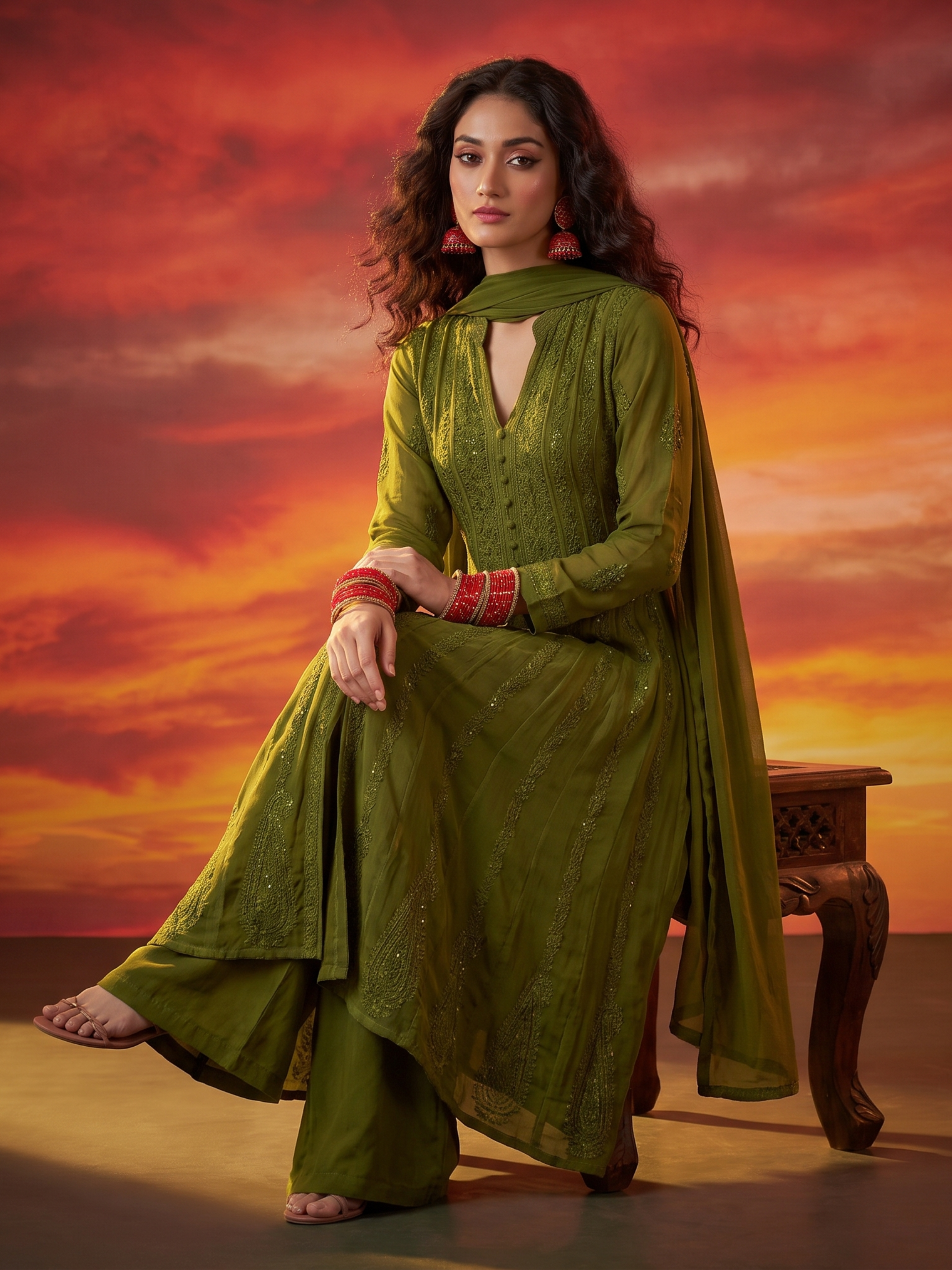 Olive Tuscany Chikankari & Mukaish Anarkali Set (Set of 3)