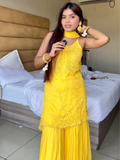 Yellow Sunset Chikankari & Mukaish Gharara Short Kurta Set