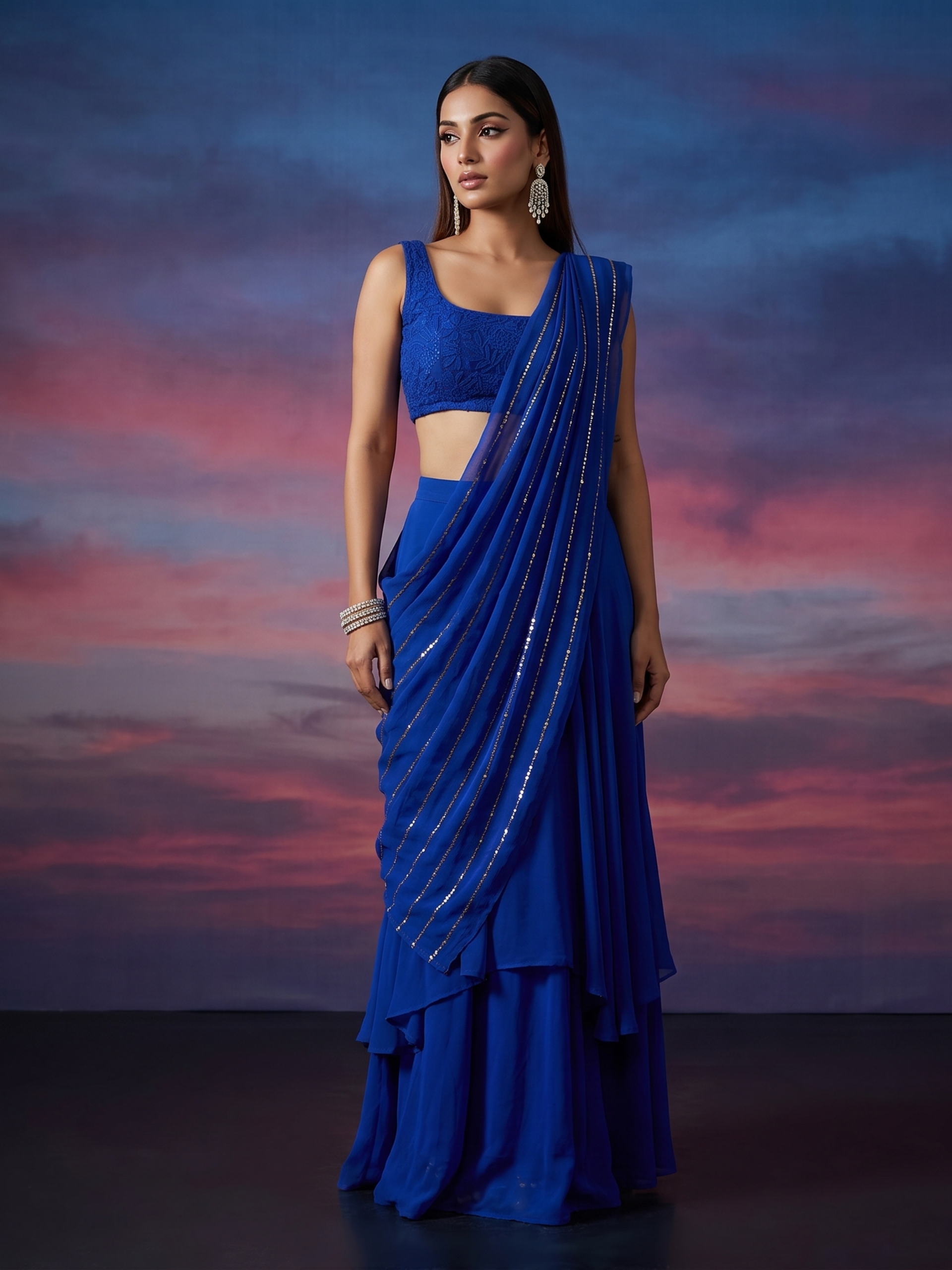 Blue Riviera Sequin-Embellished Chikankari Lehenga Saree