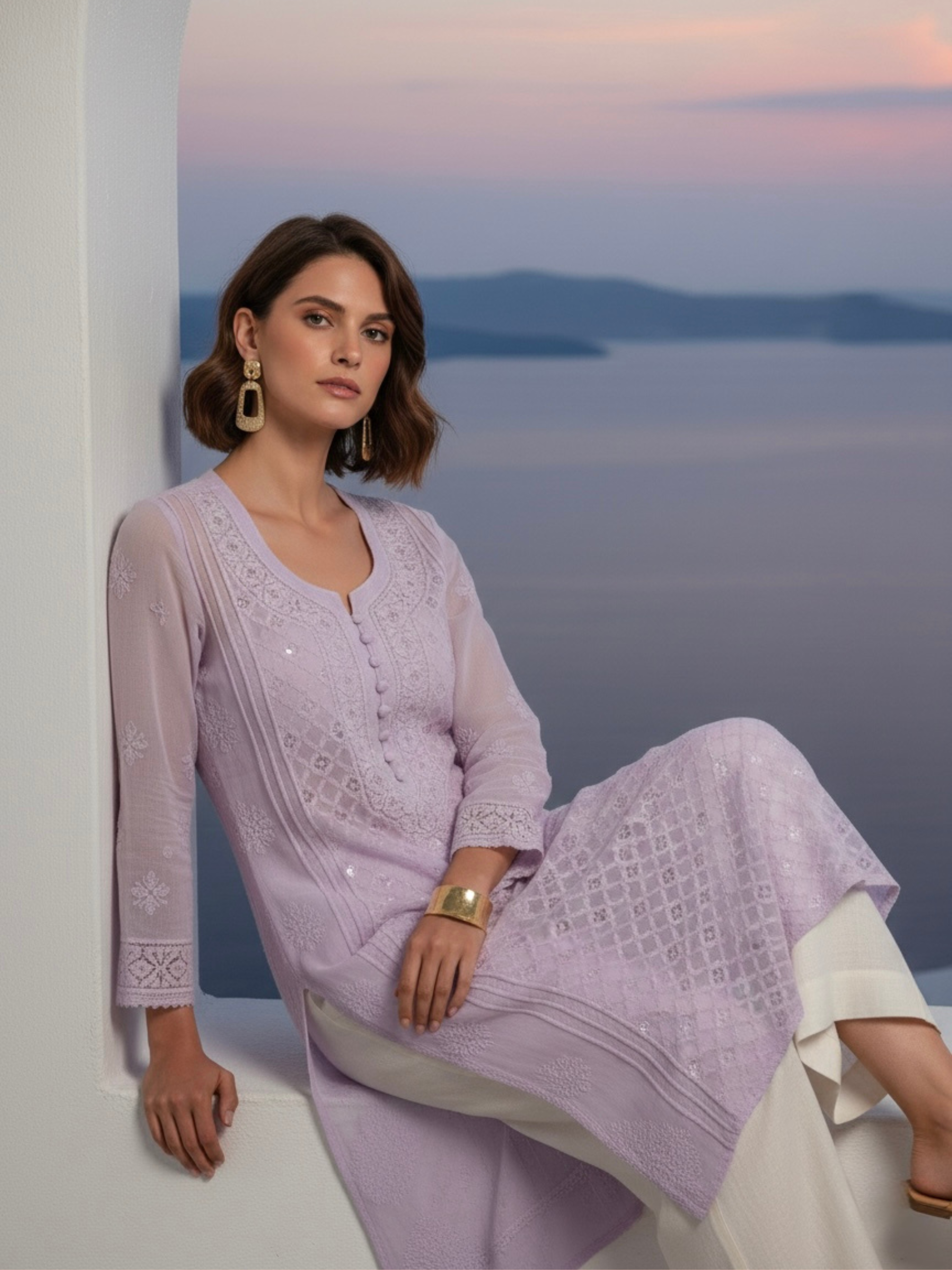 Lavender Lily Ring Work Chikankari Kurta