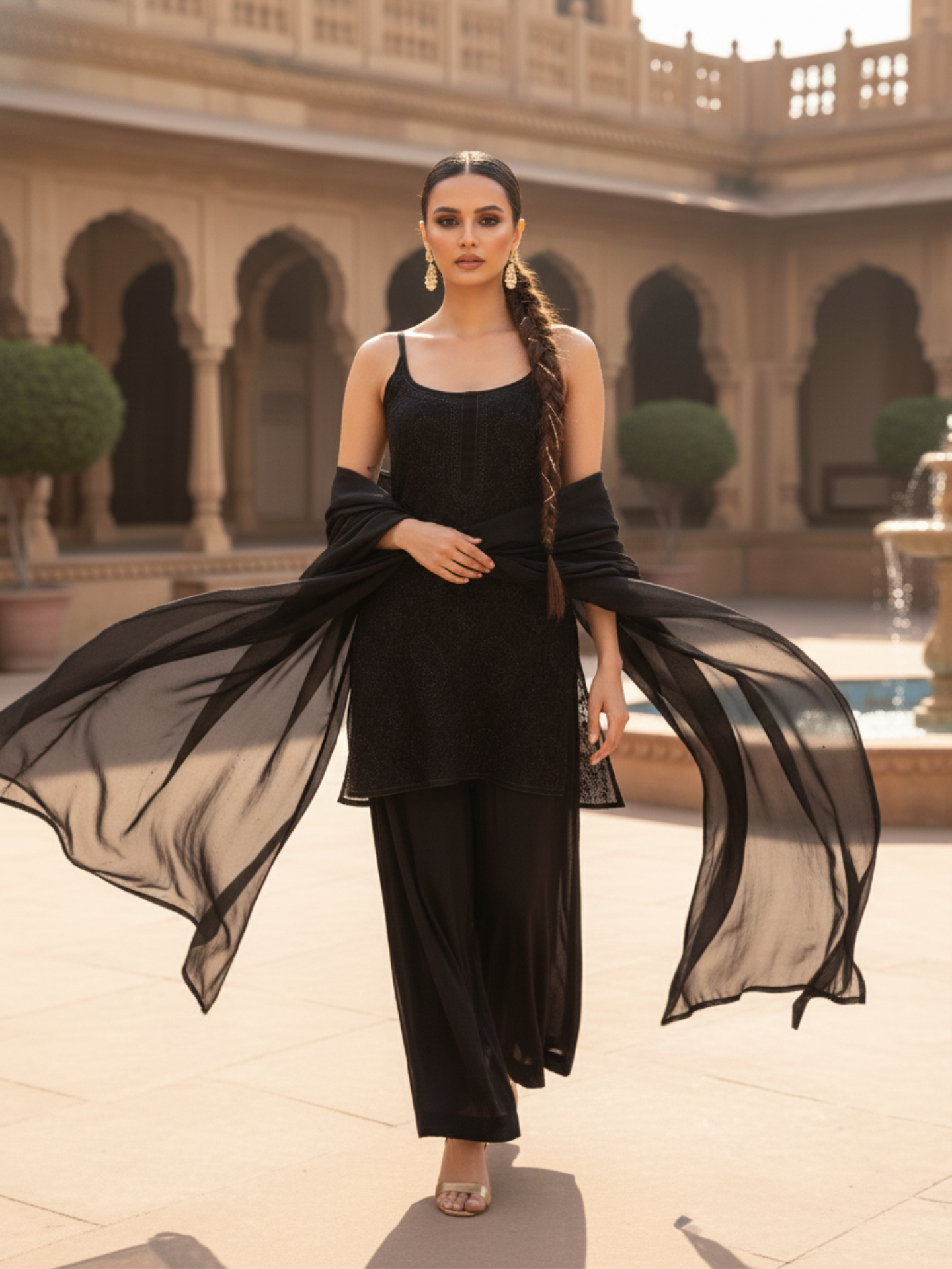 Black Mirage Chikankari Short Kurta Palazzo Set (Set of 3)