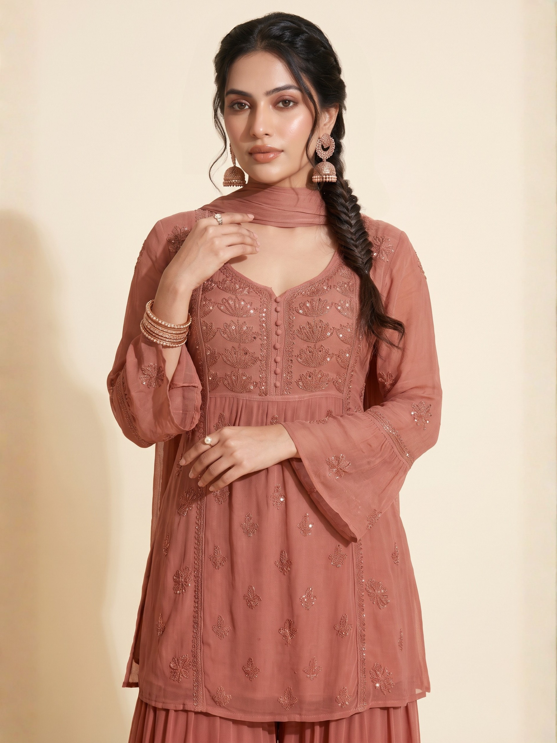 Carmine Chikankari Kurta - Gharara Set (Set of 3)