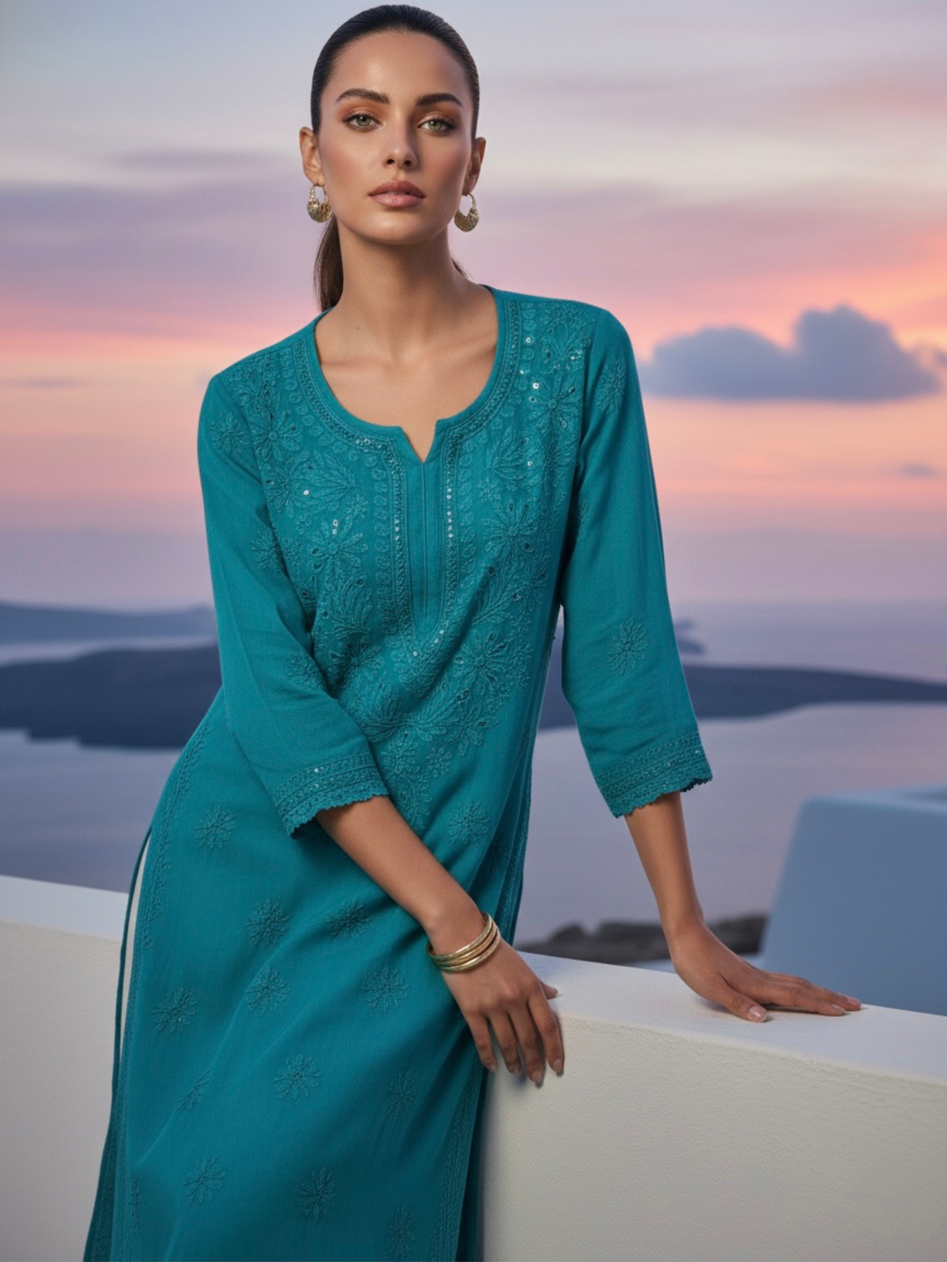 Aqua Teal Gala-Booti Chikankari & Mukaish Kurta