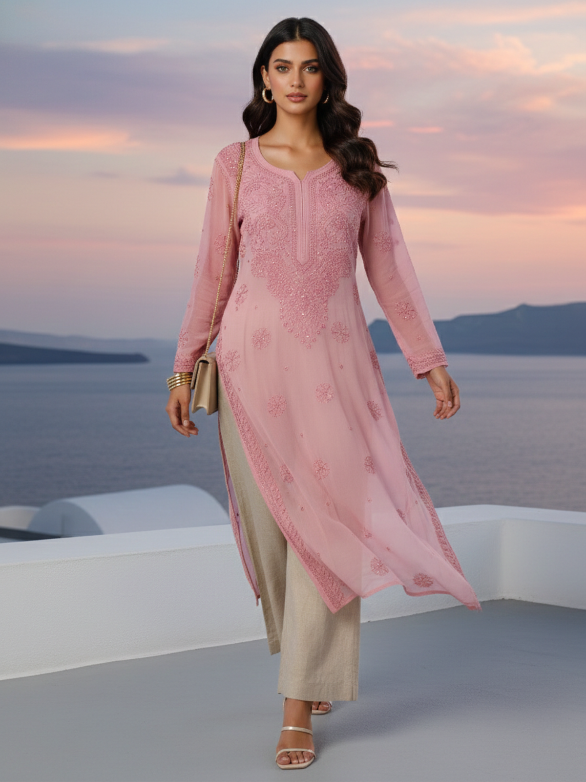 Muted Mauve Gala-Booti Chikankari & Mukaish Kurta