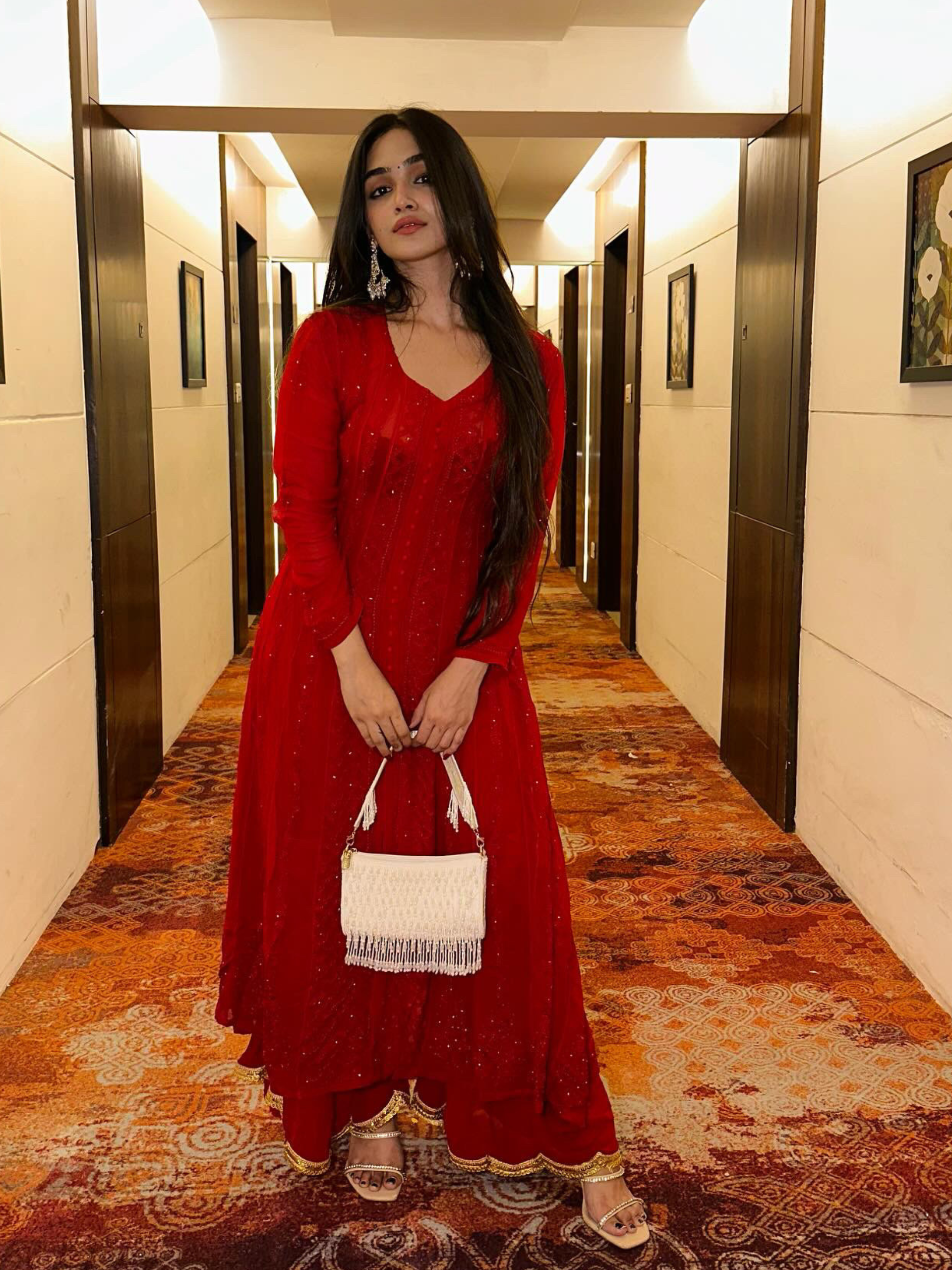 Persian Red Anarkali Chikankari Kurta Set (set of 3)