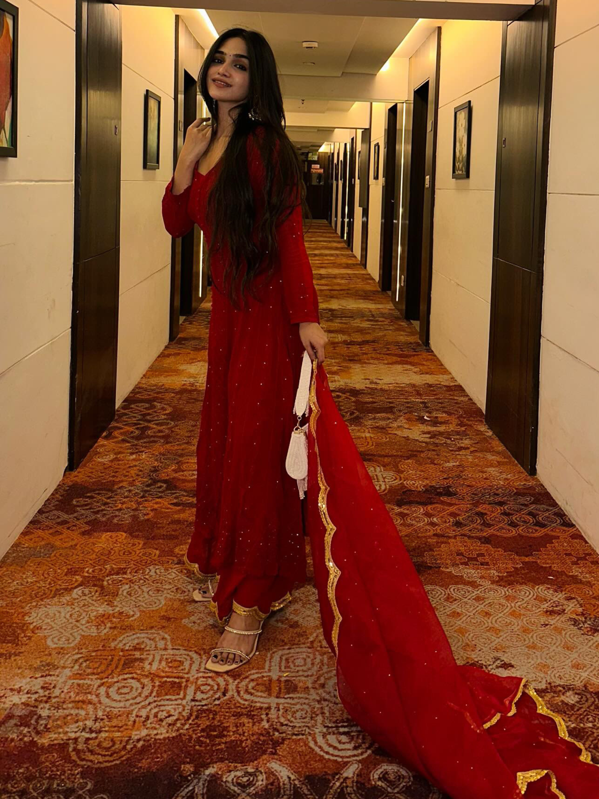 Persian Red Anarkali Chikankari Kurta Set (set of 3)