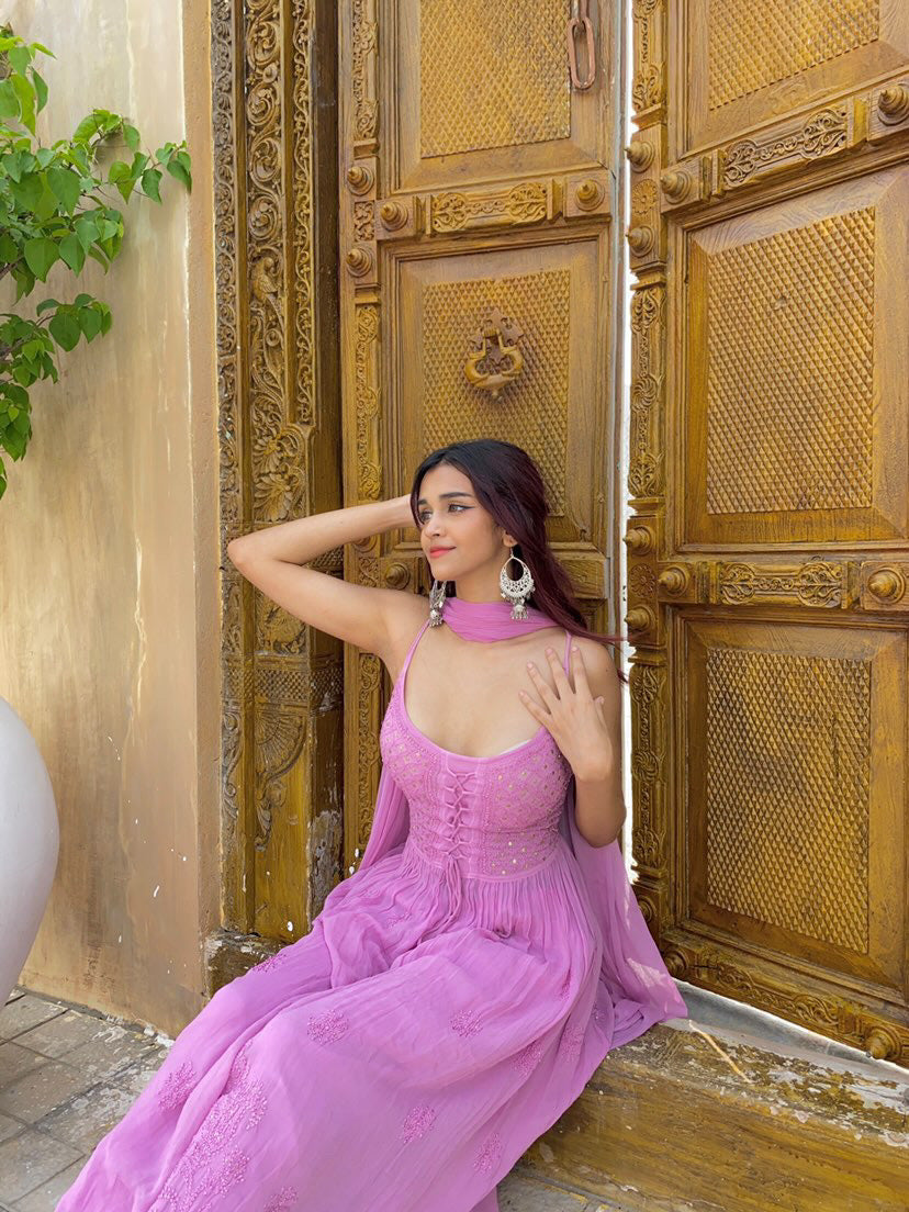Rose Mauve Strappy Chikankari Anarkali Set