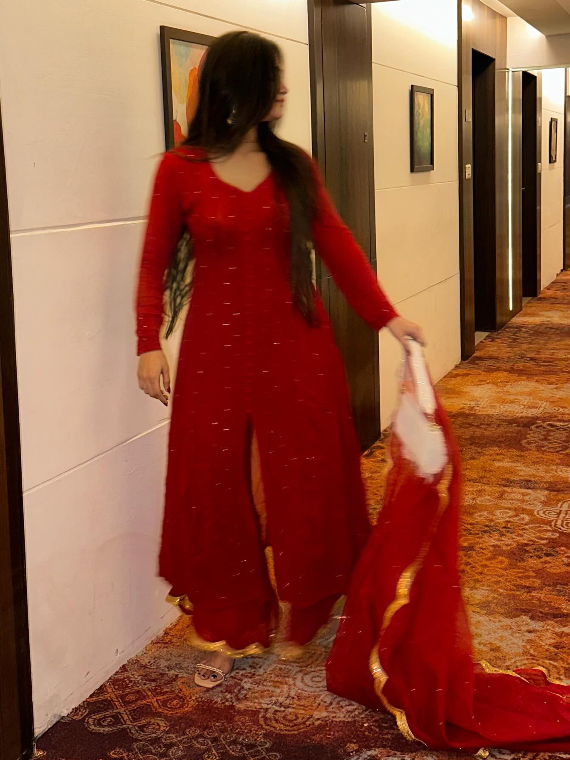 Persian Red Anarkali Chikankari Kurta Set (set of 3)