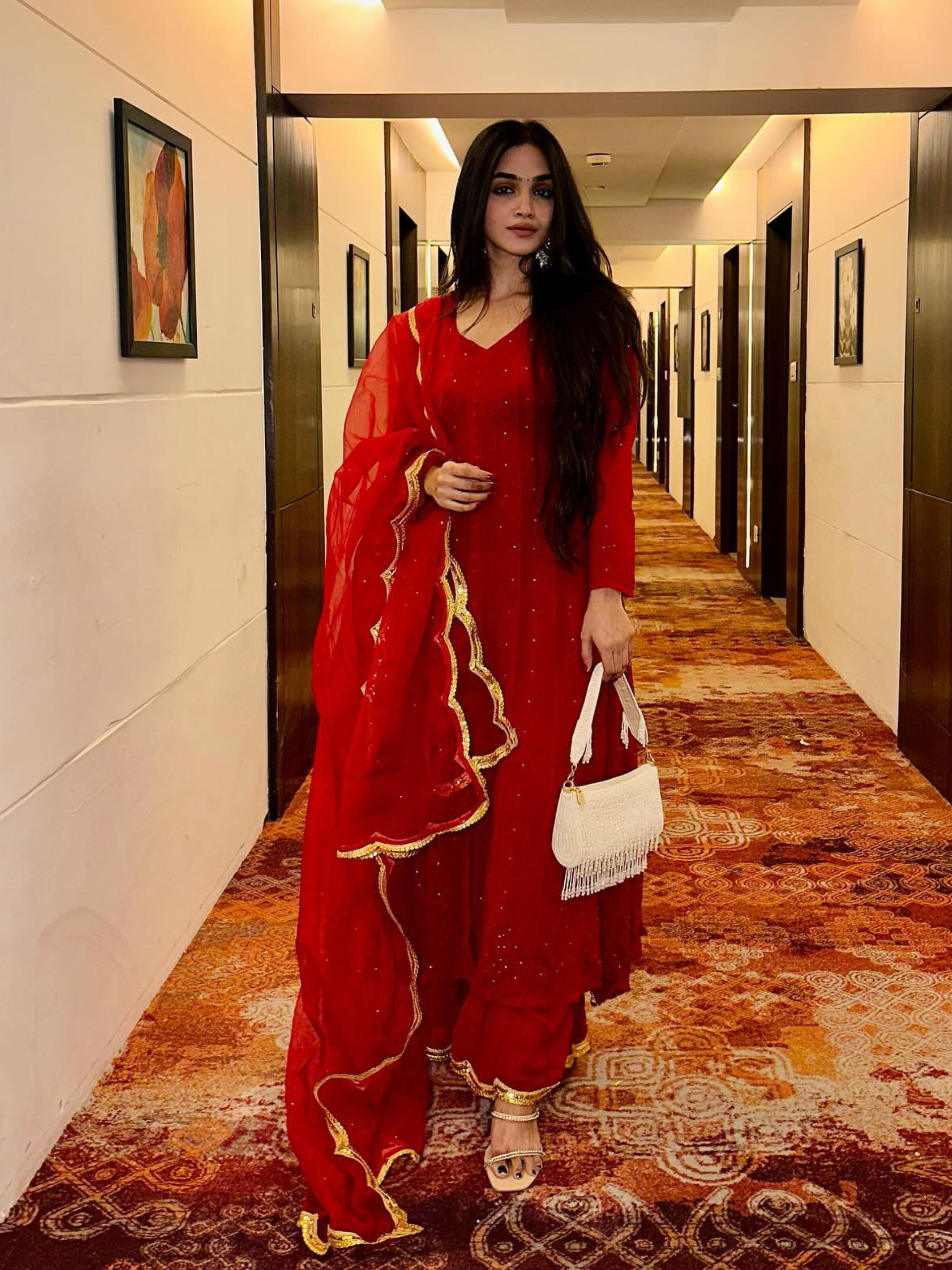 Persian Red Anarkali Chikankari Kurta Set (set of 3)