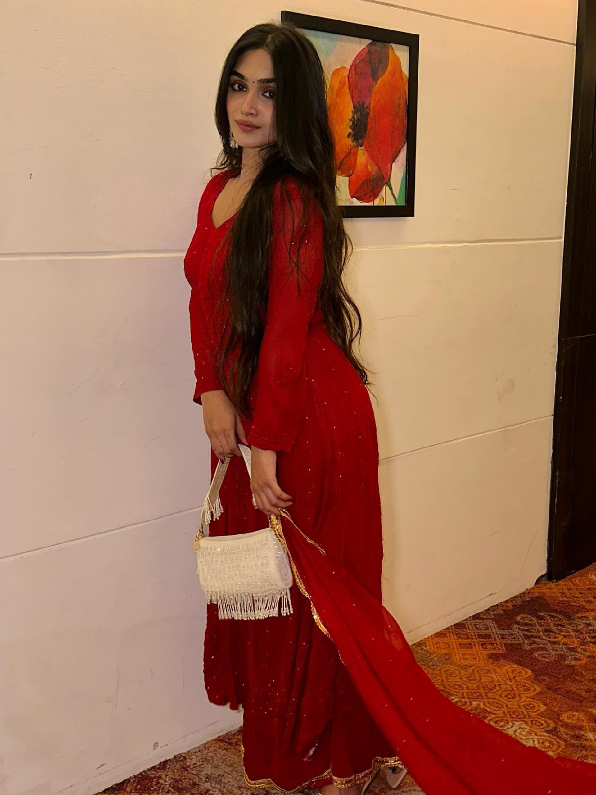 Persian Red Anarkali Chikankari Kurta Set (set of 3)
