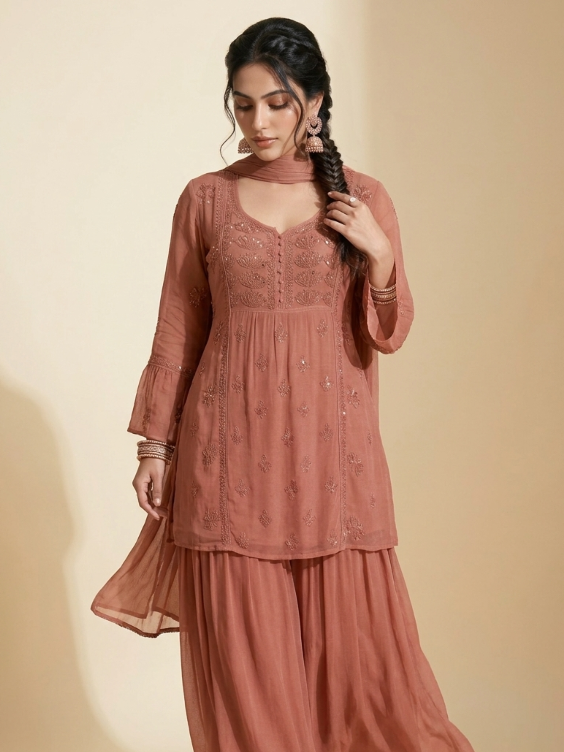 Carmine Chikankari Kurta - Gharara Set (Set of 3)