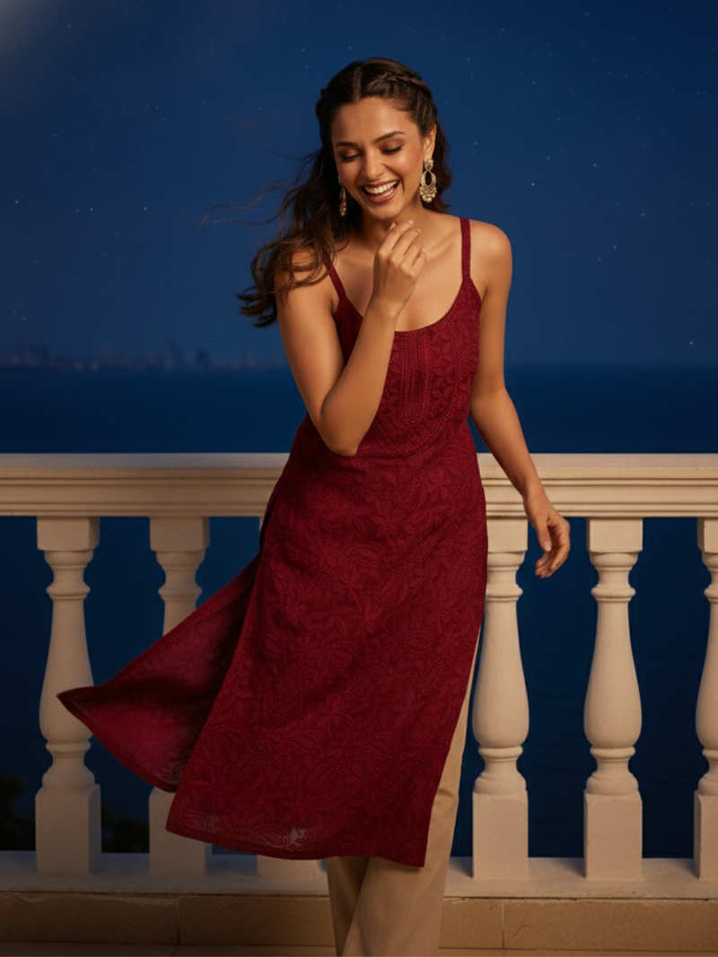 Maroon Muse Chikankari & Lace Sleeveless Kurta