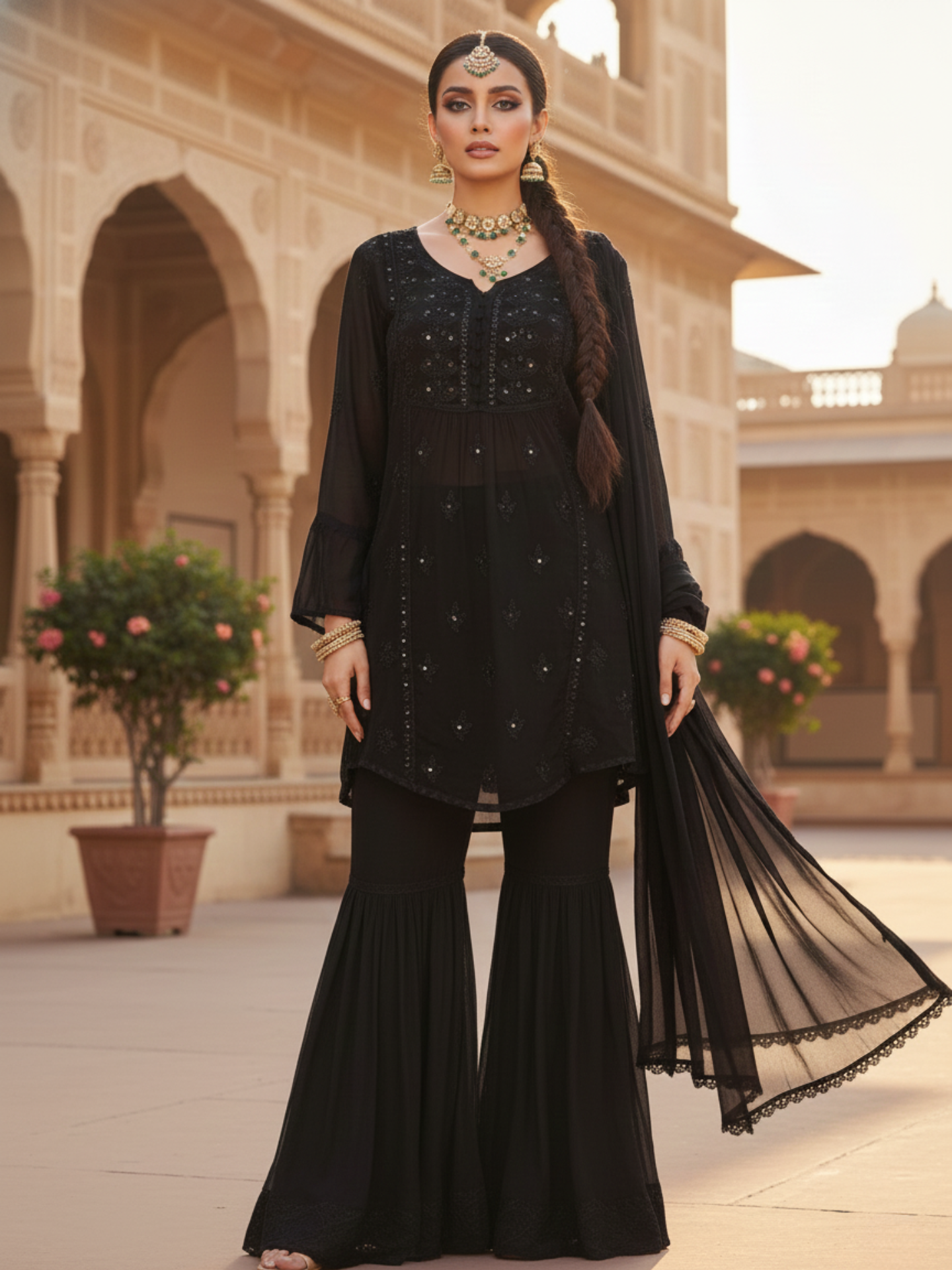 Black Summer Chikankari Gharara Short Kurta Set (Set of 3)