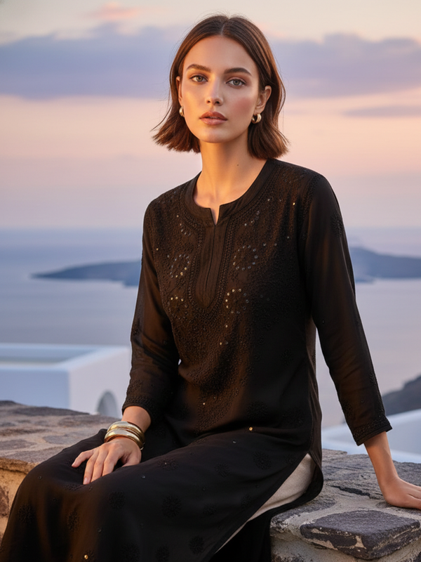 Black Gala-Booti Chikankari & Mukaish Kurta