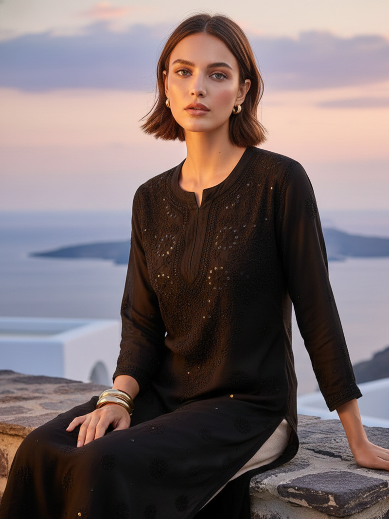 Black Gala-Booti Chikankari & Mukaish Kurta