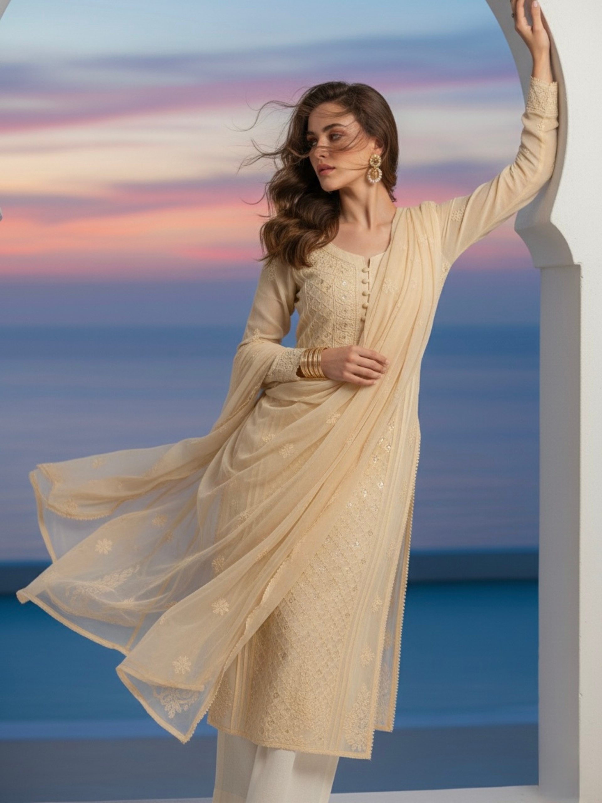 Ivory Beige Ring Work Chikankari Kurta